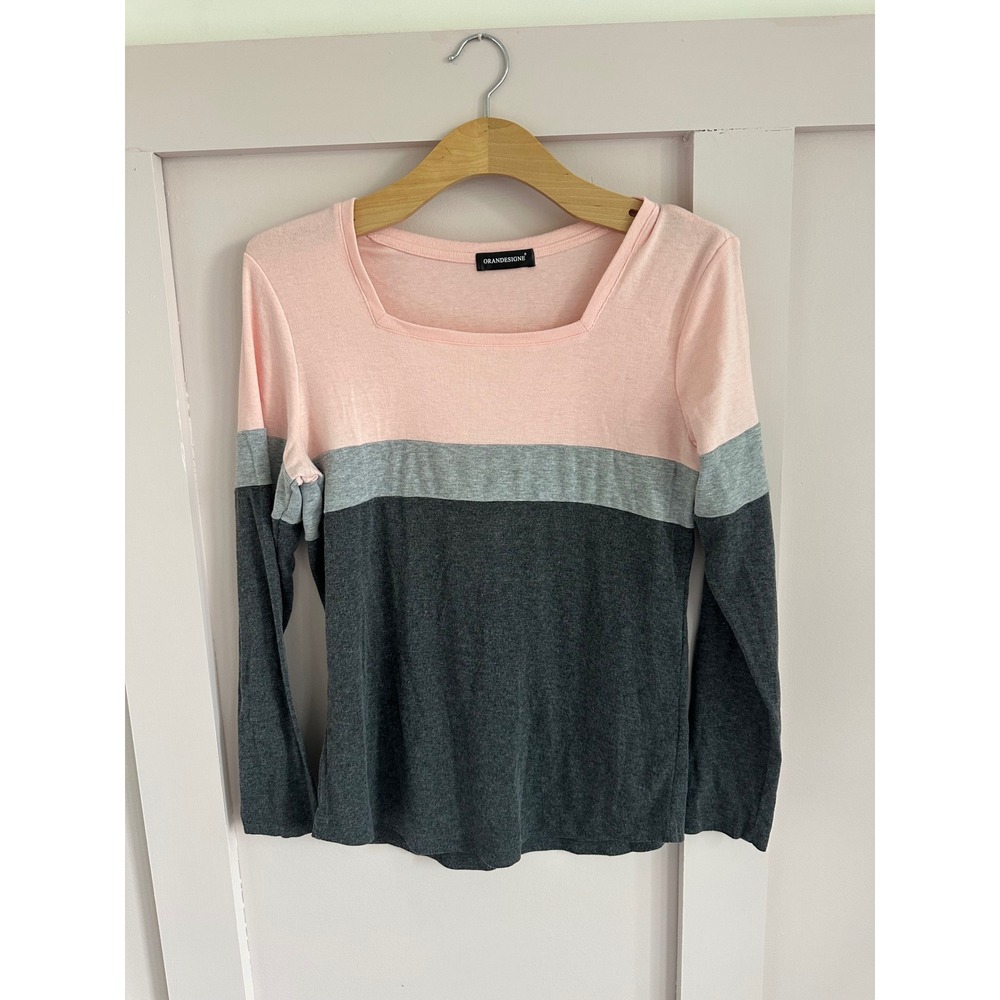 Orandesigne Women Pink Grey Colorblock Square Neck Long Sleeve Top Small